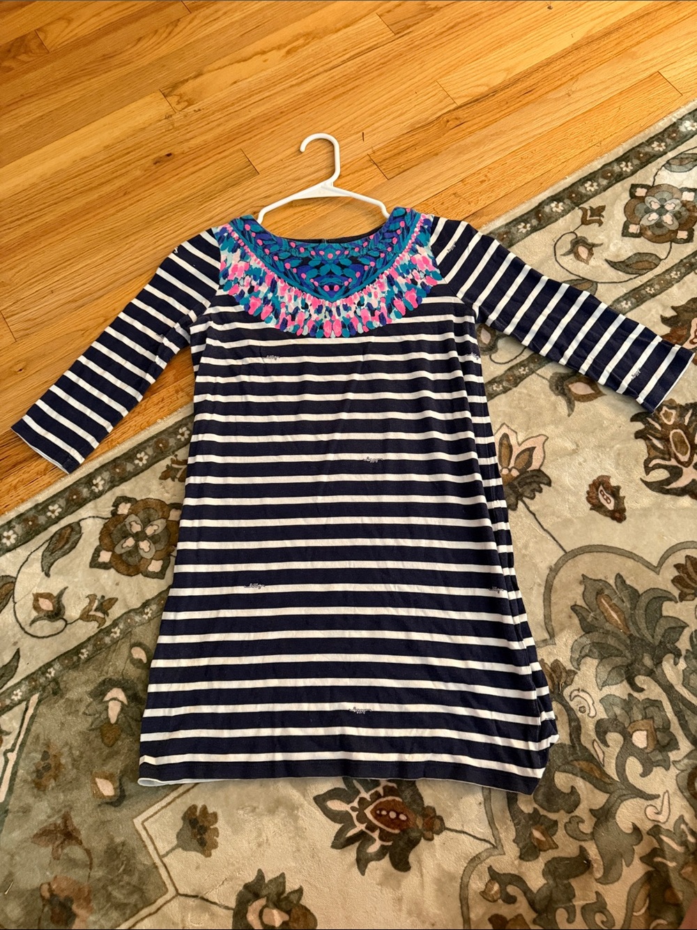 Girls Navy & White Stripe Dress with Pink & Teal Embroidered Yoke